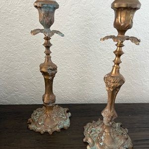 Vintage Pair Brass French Baroque Art Deco Nouveau Candle Holder Ornate